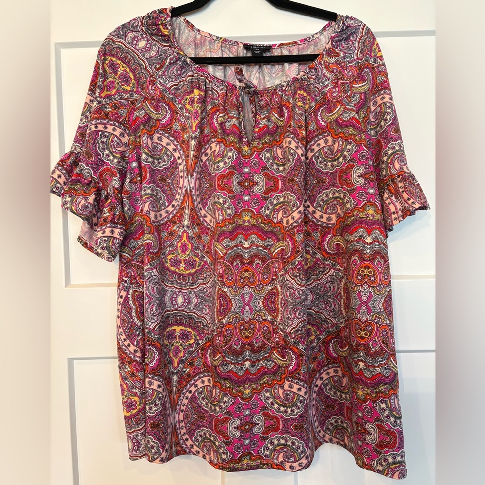 Tacera Multicolor Paisley Tie-Neck Ruffle Sleeve Tunic